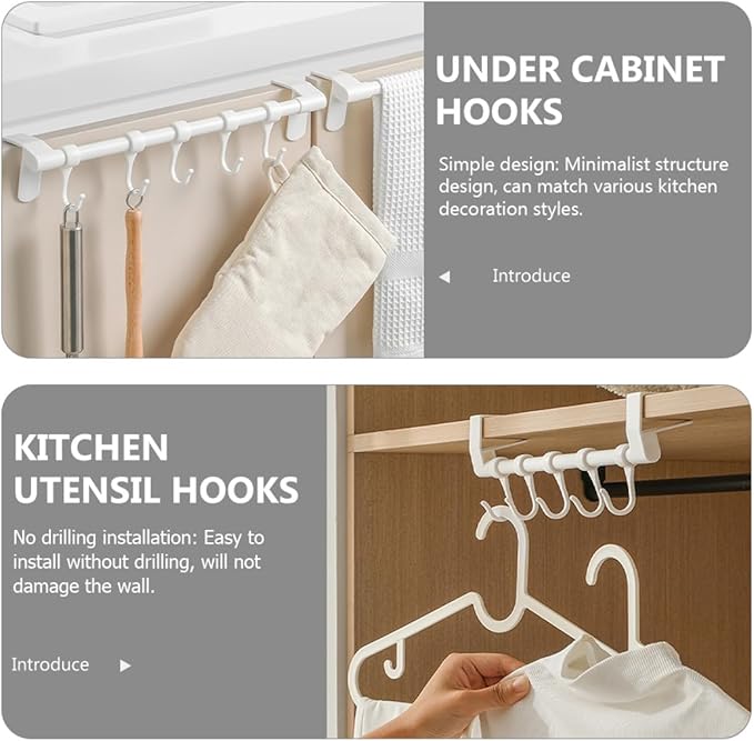 TOYANDONA No-Drill Under Cabinet Plastic Utensil Hooks 5-Row Kitchen Hanging Rack for Cookware and Spoon Storage, White Multi-Purpose Organizer for Kitchenware and Sundries