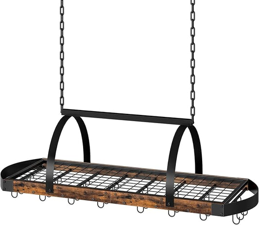 CHOEZON Hanging Pot Rack, Pot Hanger for Kitchen, Ceiling Mounted Pot Holder, Cookware Organizer with 24 S-Shaped Hooks, for Pot, Pan Storage, Space-Saving, Rustic Brown and Black TPR28BF