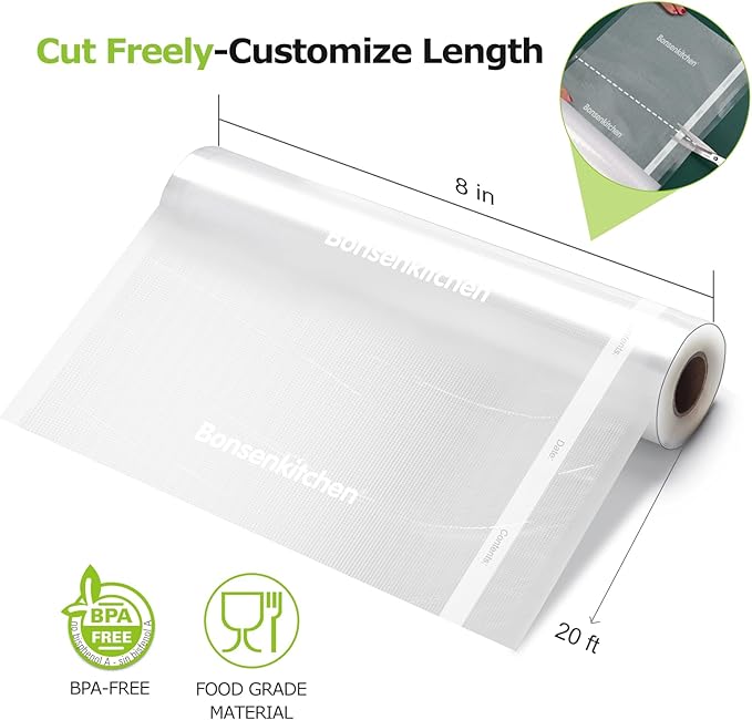 Bonsenkitchen Vacuum Food Sealer Rolls Bags, 2 Packs 8 in x 20 ft, BPA Free, Durable Commercial Customized Size Bags for Storage and Sous Vide Cooking,VB3206