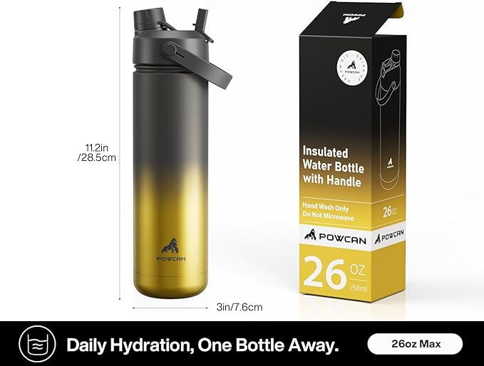 POWCAN 26 oz Insulated Water Bottle with 2-in-1 Straw and Spout Lid, Keep Cold 24H, Leak-Proof, Fits in Car Cup Holder, Stainless Steel Water Bottle for Sports, Travel, Gym, and School (King)