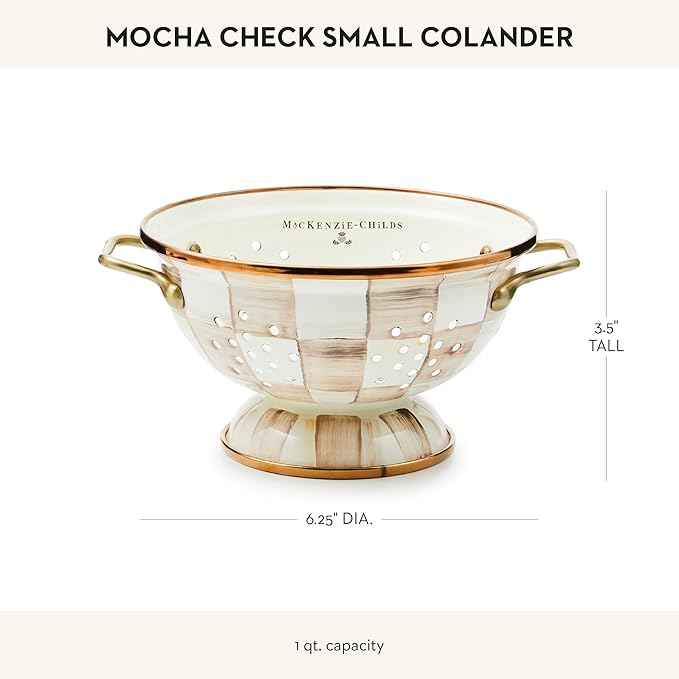 MACKENZIE-CHILDS Enamel Colander, Decorative Kitchen Strainer, Small, Brown-and-White Mocha Check