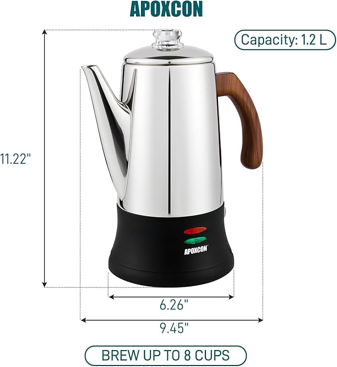APOXCON Electric Coffee Percolator Stainless Steel Coffee Maker with Two Heat Resistant Glass Knob & Treated Solid Wood Handle Keep Warm Cordless Serve Elegant Design Coffee Pot On/OFF Switch 8 Cup