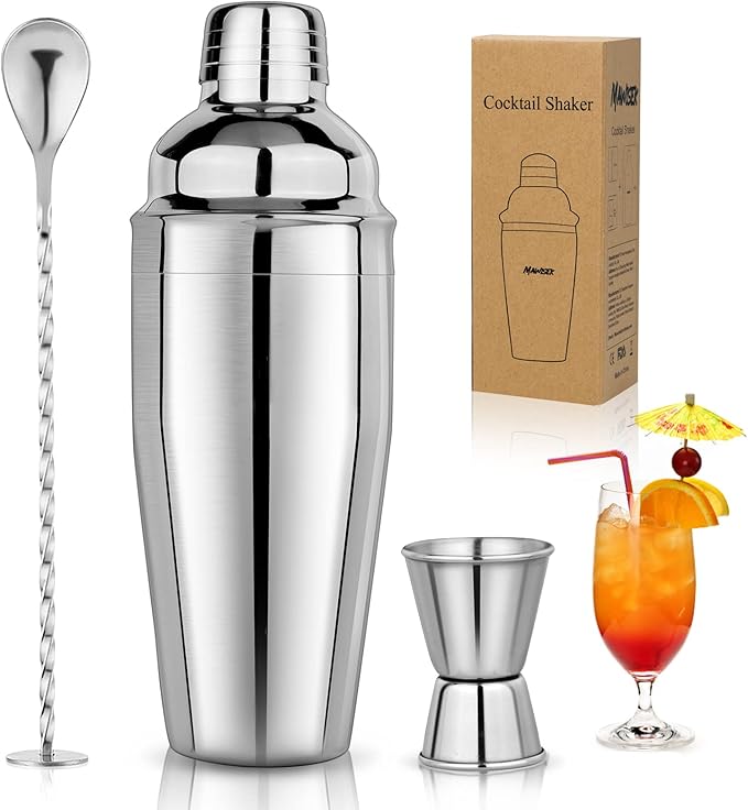 24oz Cocktail Shaker Set Martini Shaker Set Bartender Set with Margarita Mixer Drink Shaker, Measuring Jigger and Mixing Spoon - Professional 18/8 Stainless Steel Bar Tools for Mixed Drinks
