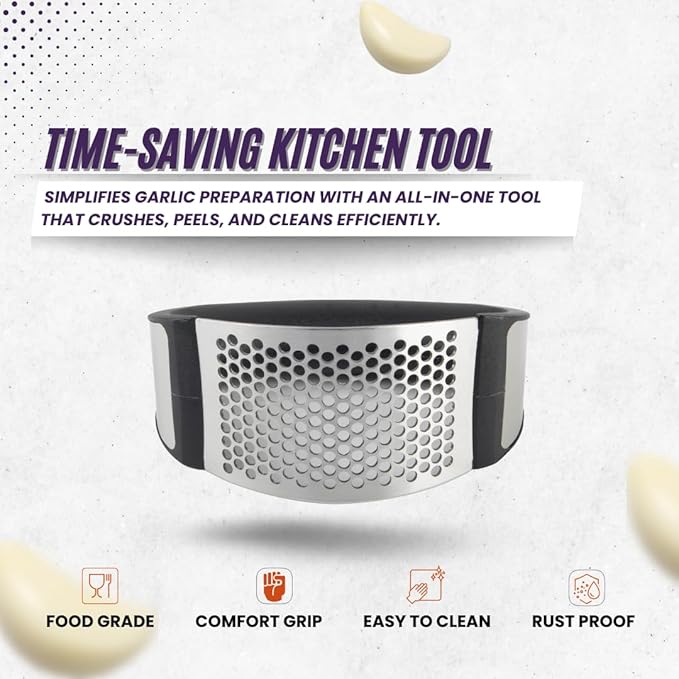 Garlic Press Rocker Set- Premium Garlic Crusher- Innovative & Fast Garlic mincer- Peeler and Scraper Included- Comfortable Grip