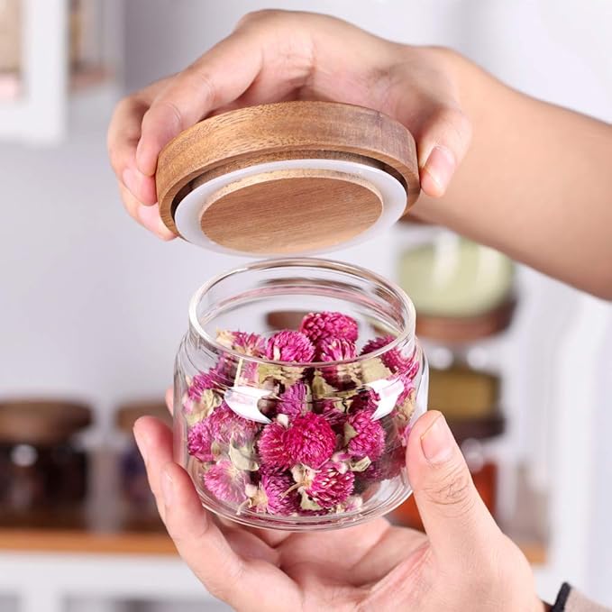 Tzerotone 8 Pcs Spice Containers - 8.5oz Glass Spice Jars With Acacia Airtight Lid and Labels - Stackable Empty Round Spice Bottles for kitchen Seasoning, coffee bean, tea, suger, herbs