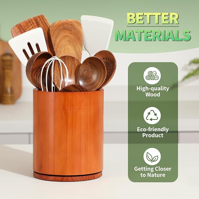 Wooden Utensil Holder, 360°Rotating 7.3'' Large Utensil Holder for Kitchen Counter, Kitchen Utensil Organizer, Utensil Crock, Farmhouse Kitchens Countertop Decor, Cherry-finish