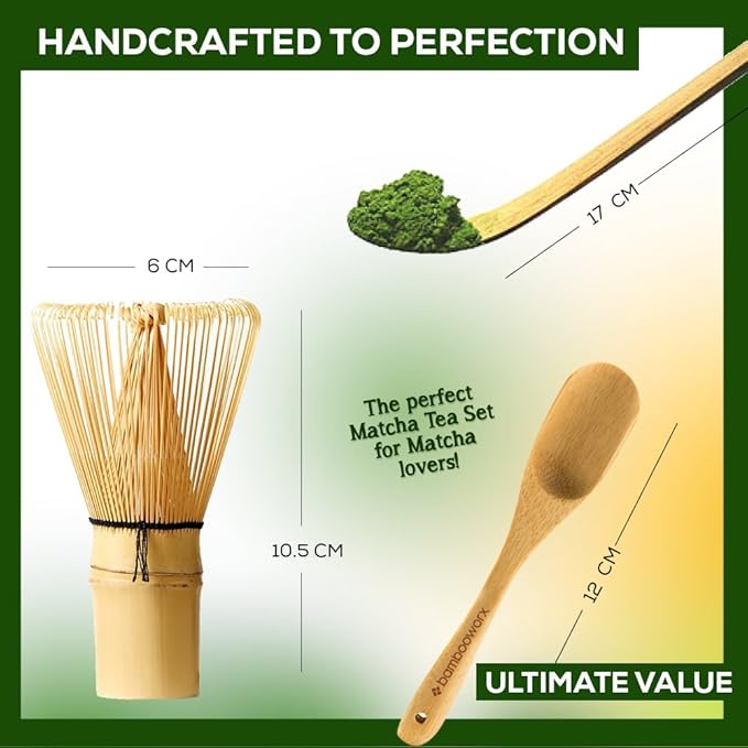 BambooWorx Matcha Whisk Set - (Chasen), Traditional Scoop (Chashaku), Tea Spoon. The Perfect Sets to Prepare a Traditional Cup of Japanese Tea, Handmade from 100% Natural Bamboo