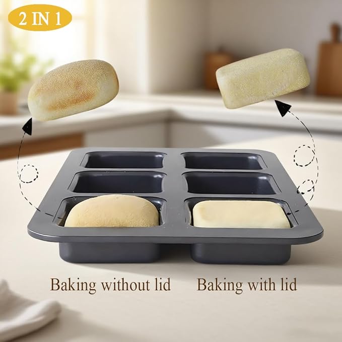 6 Cup Square English Muffin Pan with Lid Straight Side Hamburger Burger Bun Egg Sandwich Frittata Cinnamon Roll Focaccia Quiche Pancake Nonstick Baking Tin Tray Mold