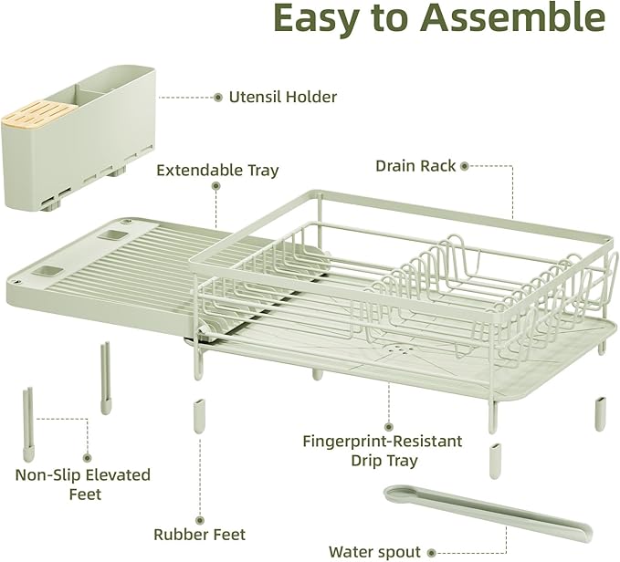 Urackify Large Dish Drying Rack, Expandable Dish Racks for Kitchen Counter, Multifunctional Dish Drainer with Utensil Holder & Cup Holder, 18.5"-26.7" L x 12.7" W, Soft Celery Green