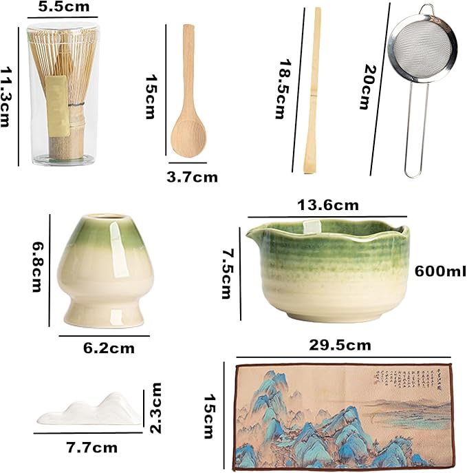 Matcha Set 7-Piece Tea Set with Brush, Bowl, Whisk, Strainer, Chasen, for Matcha Tea Ceremony （Gradient Green）