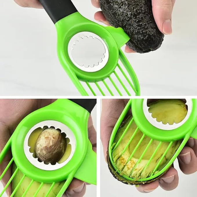 Avocado Slicer 3-in-1 Tool – Stainless Steel Cutter, Pitter, Corer with Non-Slip Grip Handle – Multifunctional Avocado Seed Remover Cutter for Fruit & Kitchen Use (Green Black)