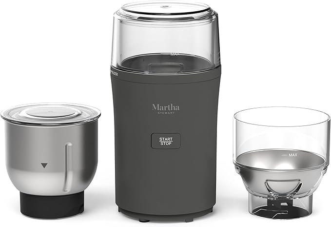 Martha Stewart Electric Coffee & Spice Grinder, Dual 2.5oz Removable Bowls, Storage Lids, Stainless Steel Blades, One Touch Pulse Control, 2-in-1 Compact, Beans & Spices, Herbs & Nuts, Caviar Gray