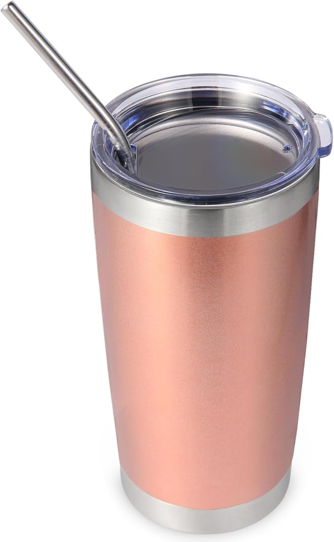 Volhoply 20oz Stainless Steel Tumbler with Lid and Straw,Double Wall Insulated Travel Iced Coffee Mug Fits Cup Holder,Powder Coated Cups for Hot and Cold Drinks,Gifts for Women Men（Rose Gold,1 Set）