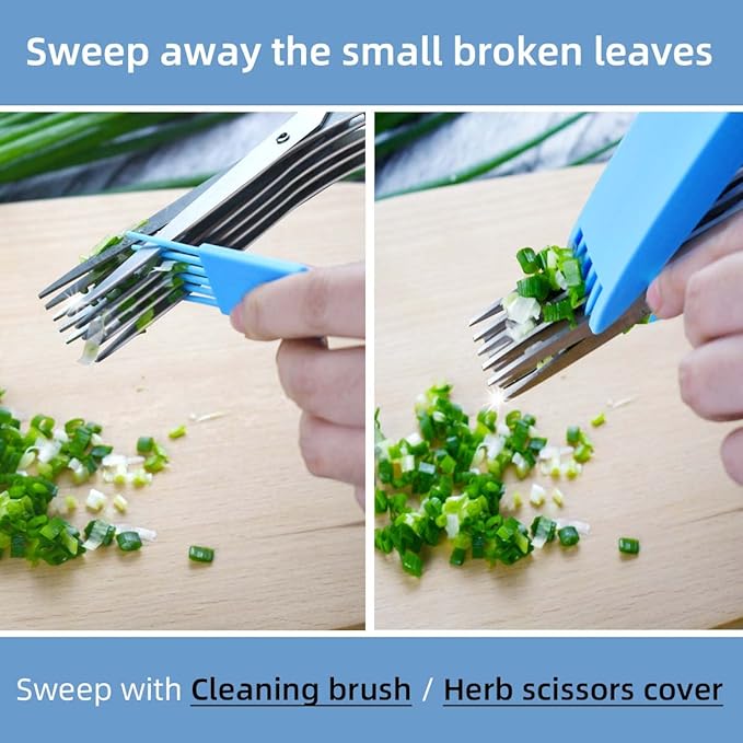 5 Blade Herb Scissors Kitchen Herbs Shears Cutter Set Multipurpose Cutting Shear with 5 Stainless Steel Blades & Safety Cover & Cleaning Comb Salad Sizzors Cilantro Chive Parsley Scissors (Blue Black)