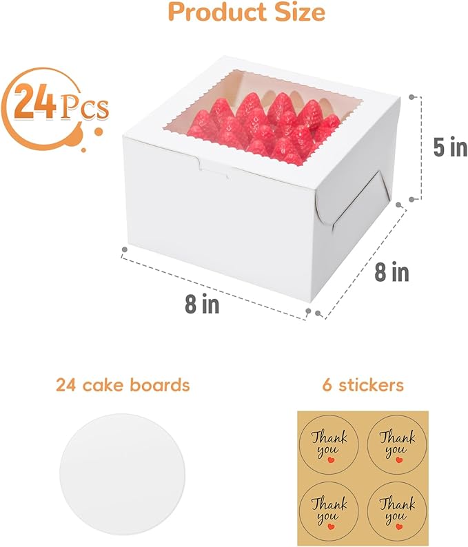 Small Cake Boxes 8 Inch with Window, 24 Set Bakery Boxes with Cake Boards & Stickers, Cupcake Box for Birthday, Party, Wedding, Mother's Day, Valentine's Day, Christmas（8x8x5 inch）