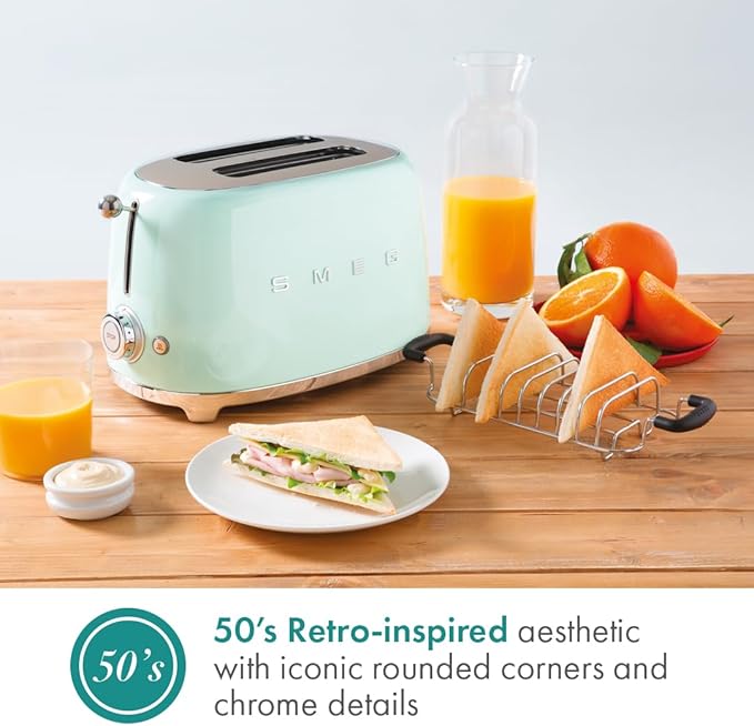 SMEG 2 Slice Toaster with 6 Presets and Defrost Function and Removable Crumb Tray TSF01PGUS, Pastel Green