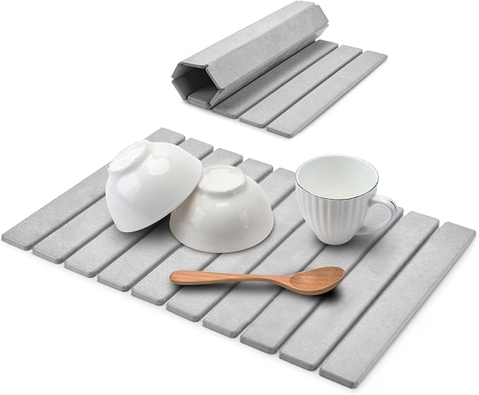 Stone Drying Mat for Kitchen Counter, LightGray 24"×16" Collapsible Fast Drying Dish Mats, Diatomaceous Earth Water Absorbing Mat for Dishes Bottles Cups