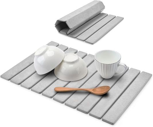 Stone Drying Mat for Kitchen Counter, LightGray 24"×16" Collapsible Fast Drying Dish Mats, Diatomaceous Earth Water Absorbing Mat for Dishes Bottles Cups