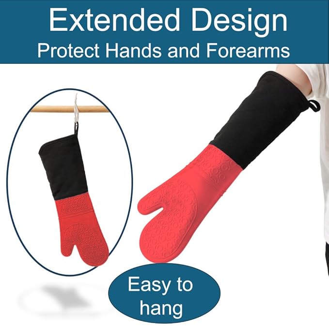 Extra Long High Temp Oven Mitts - 2pcs Commercial, Heavy Duty Non-Slip Grip Mitts - Silicone Heat Resistant Up to 500 Degrees, Ideal for Cooking, Baking & Frying, Red