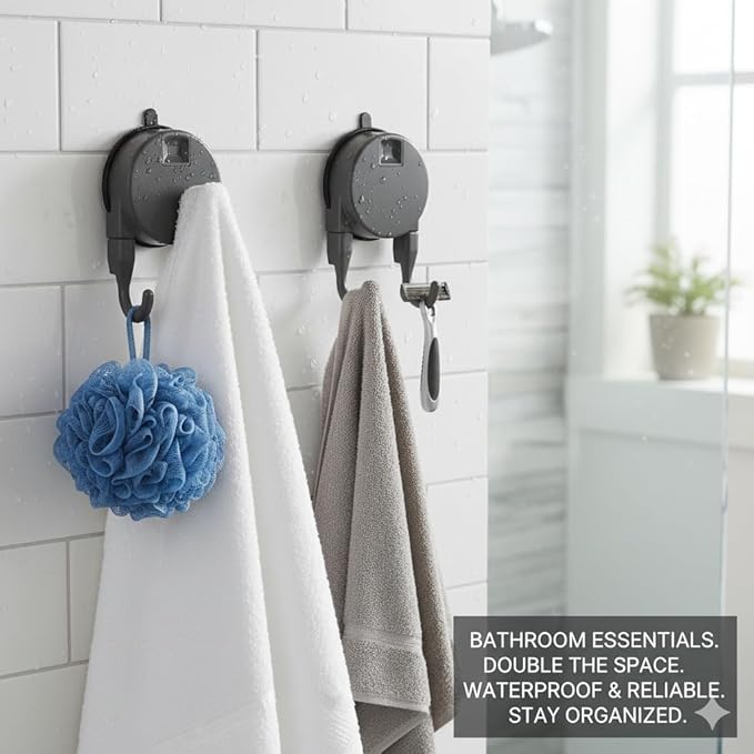 Heavy Duty Double Hook Suction Cup Hangers for Bathroom & Kitchen, 4 Pack Vacuum Wall Hooks, Strong Removable No Drill Suction Hangers for Glass, Tile, Shower, RV (Gray - 4 Pack)