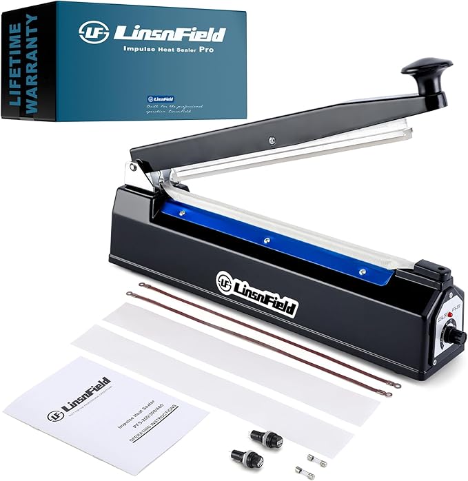 Sealer Pro, Patented 12inch Impulse Heat Bag Sealer, 7mm Sealing Width Poly Bag Seal Machine, 2 Replacement Kits 1 Extra Fuse Included, Black