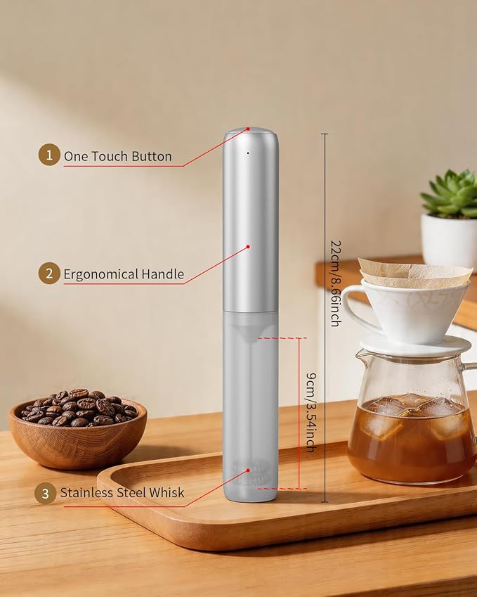 CIRCLE JOY Rechargeable Milk Frother Hanheld, Dual Coil Whisk Head Electric Coffee Frother, Portable Hand Frother Wand Drink Mixer for Matcha Lattes Cappuccino, Kitchen Gifts, Silver