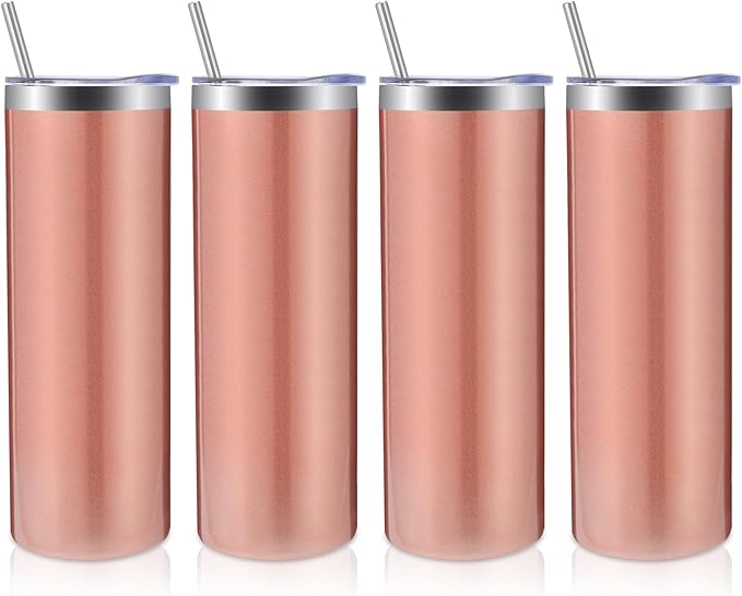 Volhoply 4 Pack Skinny Tumblers with Lid and Straw, 20oz Stainless Steel Straight Tumbler Bulk, Vacuum Insulated Coffee Mug for Home, Office, Travel, DIY (Rose Gold,4 Pack)
