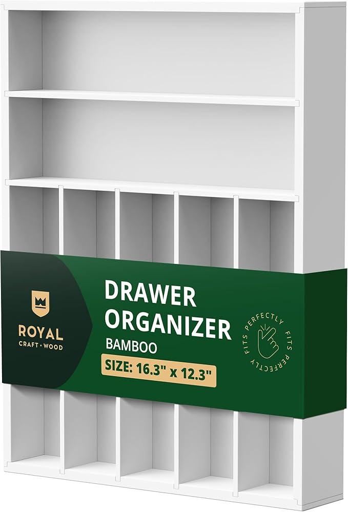 ROYAL CRAFT WOOD Luxury Bamboo Kitchen Drawer Organizer - Silverware Organizer - Utensil Holder and Cutlery Tray with Grooved Drawer Dividers for Flatware and Kitchen Utensils (7 Slot, White)
