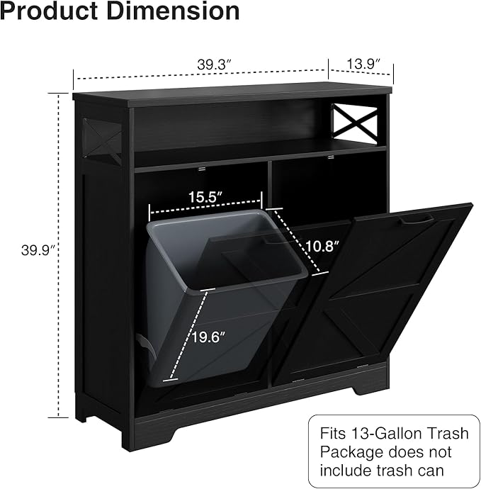 Befrases Double Tilt Out Trash Can Cabinet for 13 * 2 Gallon Garbage Can, Farmhouse Kitchen Garbage Trash Bin for Hidden Laundry Basket, Dual Dog Proof Recycling Cabinet for Dining Living Room, Black