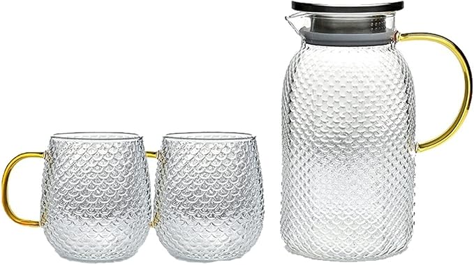 Glass Water Pitcher Set With Stainless Steel Filter, Iced Tea, Juice, Beverage Container, Transparent Hot & Cold Water Jug With Cups
