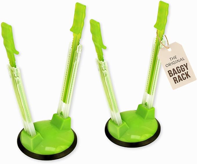 Jokari Adjustable Baggy Rack Stand 2 Pack Hands Free Food Storage Bag Holder Stand for Freezer and Sandwich Bags Clip Stand for Pouring Leftovers or Drying Reusable Ziploc Bags