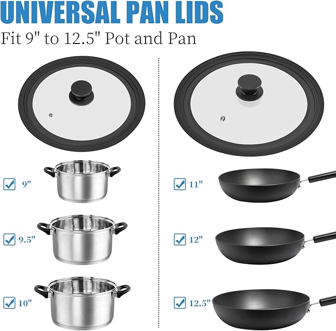 Universal Lid for Pots Pans and Skillets, 2 Pack Pan Cover fit 9", 9.5", 10" & 11", 12", 13" Diameter Cookware, Silicone Replacement Pan Lid Pot Lids for Frying Pans, Cast Iron,Tempered Glass Lid