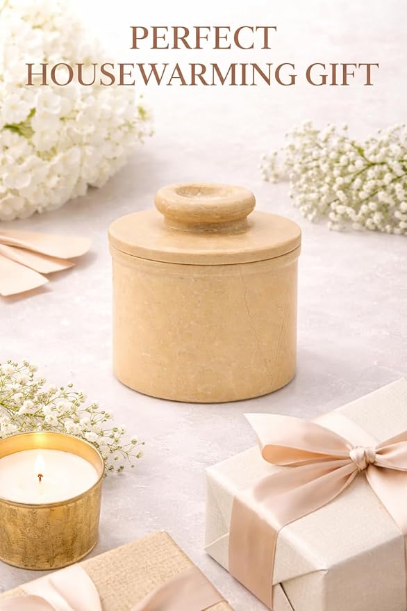 Verona Marble Butter Keeper - 4" French Butter Crock with Lid - Freezer Safe Stone Butter Dish - 90ml/3oz Capacity - Handwash Kitchen Storage