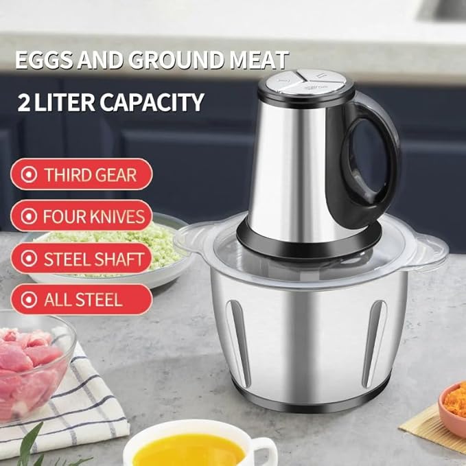 Sakerplus Multifunctional Large Capacity Meat Grinder, 250W Electric Food Processor with 3 Speeds, 2L Stainless Steel Bowl & 4 Sharp Blades for Meat, Vegetables, Nuts (2L-glass)