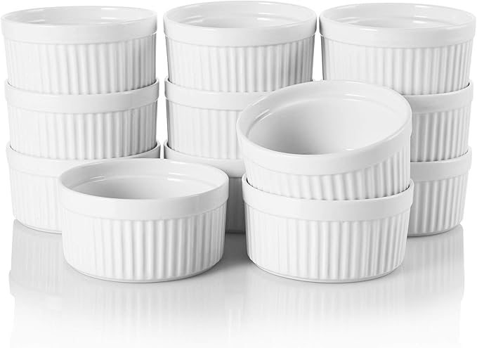 Foraineam 12 Pieces 8 oz Porcelain Souffle Dishes, Oven Safe Ramekins White Bakeware Set Dessert Custard Baking Dishes Cups for Baking, Cooking, Serving and More