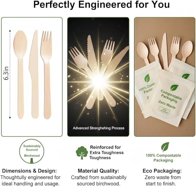 500 Pieces Disposable Cutlery, Wooden Utensils Set [200 Spoons, 200 Forks, 100 Knives] - Disposable Wooden Cutlery, Eco-Friendly Forks and Spoons, Compostable Cutlery Set Party Utensils