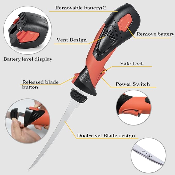 Cordless Electric Fillet Knife - 5 Ti-Nitride Coated Non-Stick Blades, Ergonomic Non-Slip Grip Handle & Cooling Vent Stylish with Carry Bag ,Perfect Electric Knife for Effortless Fishing (Orange)