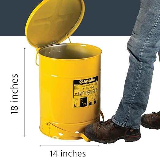 Justrite 10 Gallon Galvanized Steel Oily Waste Can, 18" x 14" Metal Oil Rag Safety Can with Foot Operated Self-Closing Lid for Oil Rag Disposal, Made in The USA, Yellow, 09301