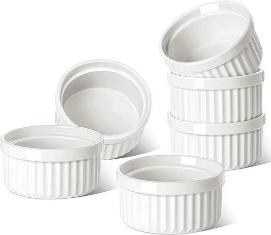 LE TAUCI Ramekins 6 OZ, Ceramic Souffle Dishes, Oven Safe Custard Cups for Baking, Creme Brulee, Pudding, Dessert, Microwave & Dishwasher Safe, Set of 6, White