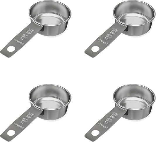 1/4 Cup Stainless Steel Measuring Cup | Sturdy Metal 60 ml | 60 cc | 2 oz | Single Cup for Wet and Dry Ingredients | Great for use as 1/4 Cup Dog Food Scoop - 4 PK