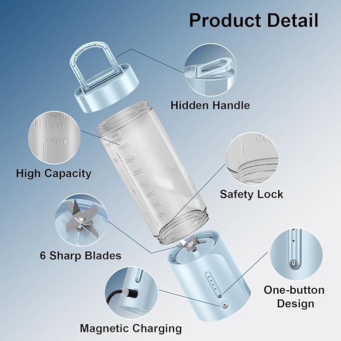 Portable Personal Blender for Fresh Juice, Shakes and Smoothies - 16 Oz Mini Small Blender Bottle Cup with 6 Blades, USB Rechargeable, BPA Free for Kitchen, Travel, Office, Gym