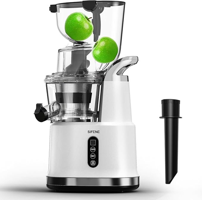 SIFENE Cold Press Juicer Machine, 70mm Wide Mouth Masticating Juicer for Whole Fruits & Vegetables, High Yield Slow Squeeze Extractor, Quiet Motor, Reverse Function, Easy to Clean, BPA Free, White
