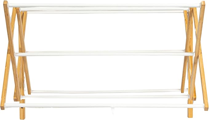 Household Essentials Bamboo and Metal Wall Mount Extendable Drying Rack, Compact Upscale Laundry Rack with 8 Dowels, White