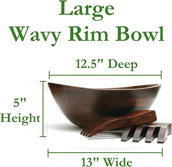 Lipper International Cherry Finished Wavy Rim Serving Bowl with 2 Salad Hands, Large, 13" x 12.5" x 5", 3-Piece Set