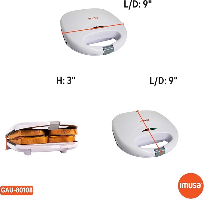 IMUSA 2 Slot Electric Sandwich Maker White Nonstick Press for Grilled Sandwiches and Quick Snacks