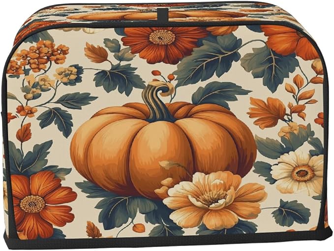 2 Slice Autumn Toaster Cover,Thanksgiving Pumpkin Fall Boho Floral Small Kitchen Appliance Bread Machine Cover with Pockets,Dust & Fingerprint Protection