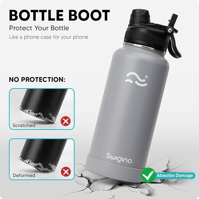 Swigina [2-IN-1 LID] Insulated Water Bottle with Silicone Boot (36hrs Cold/18hrs Hot) - DIY Stickers, Leakproof, BPA Free, 32 oz