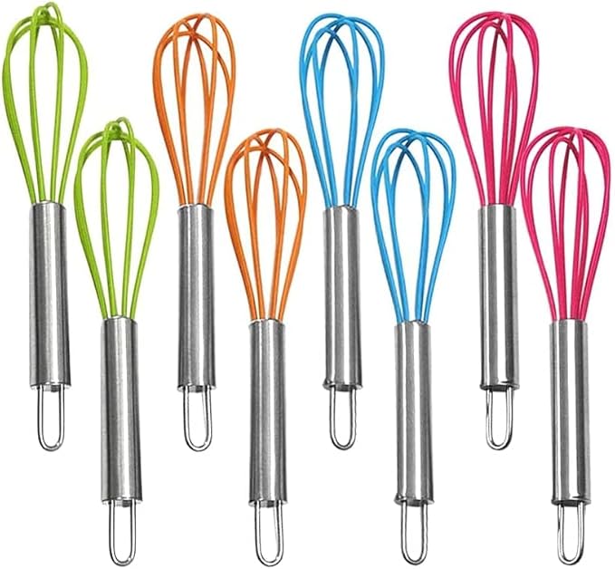 4 Pack" Multi-Color Mini Silicone Kitchen Whisks with Stainless Steel Handles Egg Beater Milk Beater Balloon Whisk for Blending Stirring Whisking and Beating(4 Colors)