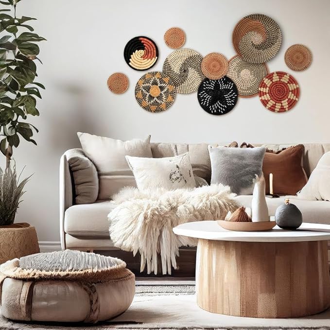 Tatuo 11 Pcs Boho Wall Basket Decor Bulrush Woven Wall Hanging Art Round Farmhouse Rustic Handmade Wicker for Summer Home, Bedroom, Living Room, Kitchen Decorations, Multi Sizes(Classic)