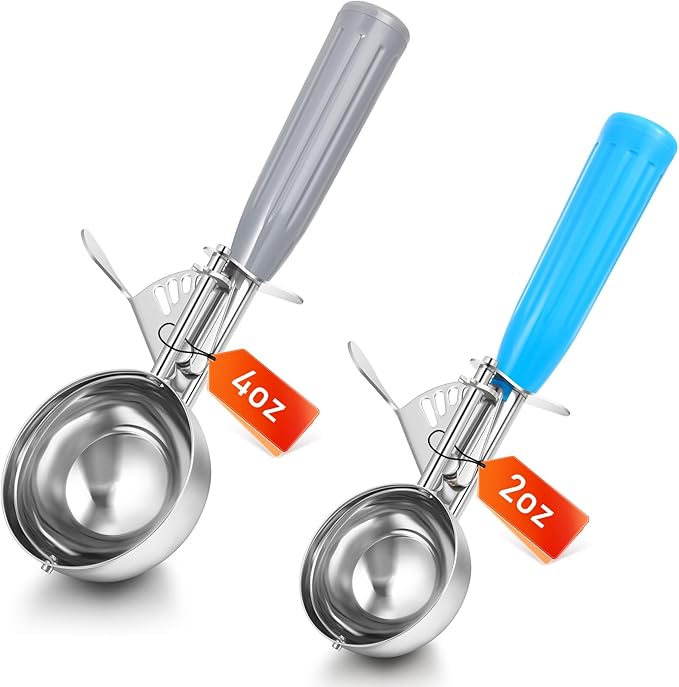 Reallnaive 2 Pcs Release Cookie Scoops Ice Cream Scooper with Trigger Release Portion Scoop Stainless Steel for Portion Control, Baking Food, Cookie Dough (2 Oz+4 oz,Blue and Gray)